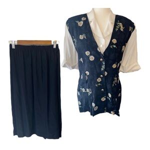 Vintage 90’s Black Sunflower Novelty Print Skirt Set Size 12